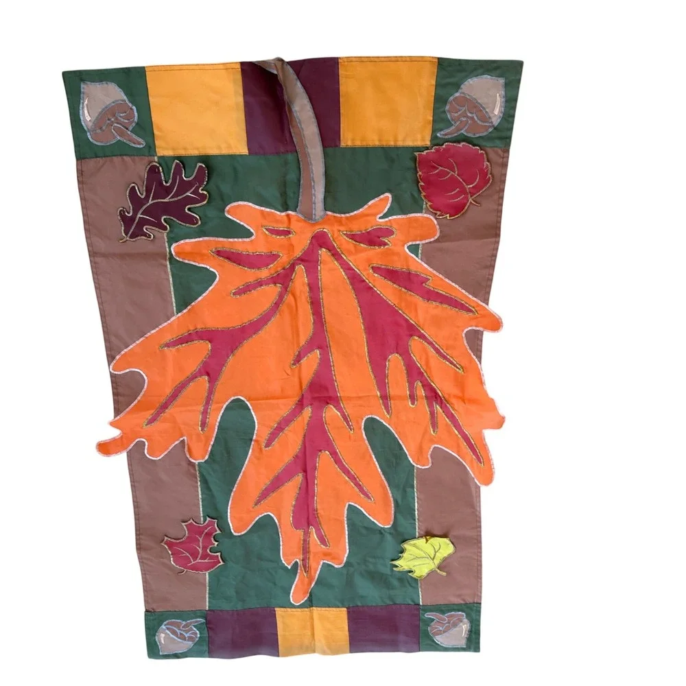 Vintage Fall Leaf Applique Garden Flag Autumn Harvest Decor Embroidered Banner